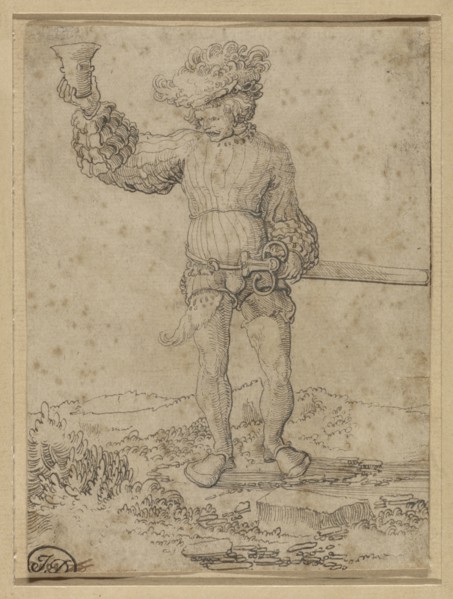 Mercenary Soldier in a Landscape; Circle of Wolf Huber, German, 1480,1485 - 1553, Germany; about 1515; Pen and black ink