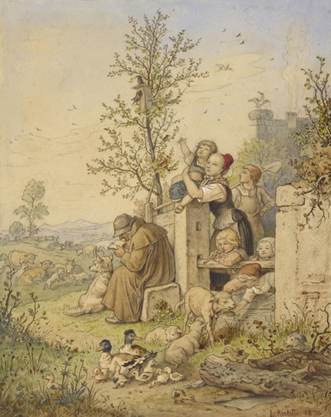 Spring Has Arrived; Ludwig Richter, German, 1803 - 1884, Germany; 1870; Watercolor, graphite, gouache and touches of red chalk