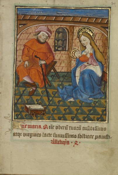 The Holy Family at Home; Norfolk perhaps, written, East Anglia, England; illumination about 1190; written about 1490; Tempera
