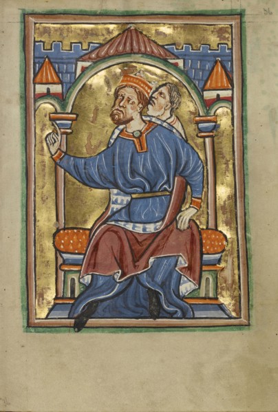 Herod Enthroned; Norfolk perhaps, written, East Anglia, England; illumination about 1190; written about 1490; Tempera colors