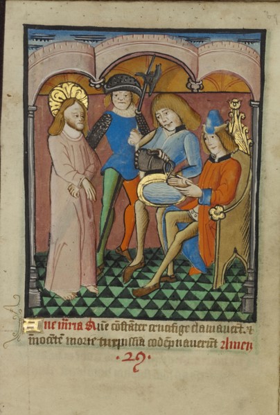 Pilate Washing His Hands; Norfolk perhaps, written, East Anglia, England; illumination about 1190; written about 1490; Tempera