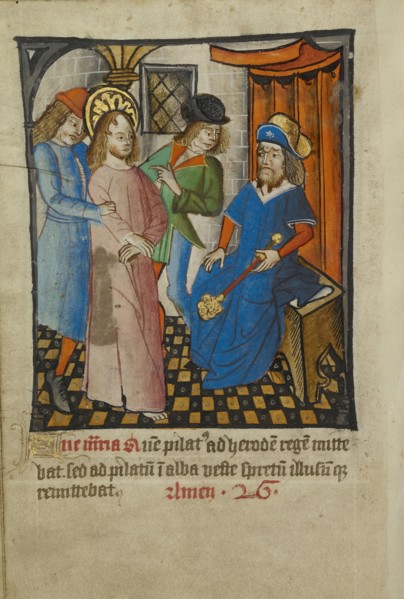 Christ Before Herod; Norfolk perhaps, written, East Anglia, England; about 1190 - 1200 and text about 1480 - 1490; Tempera