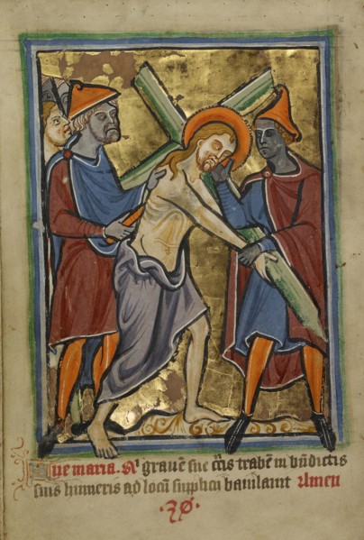 Christ Carrying the Cross; Norfolk perhaps, written, East Anglia, England; about 1190 - 1200 and text about 1480 - 1490