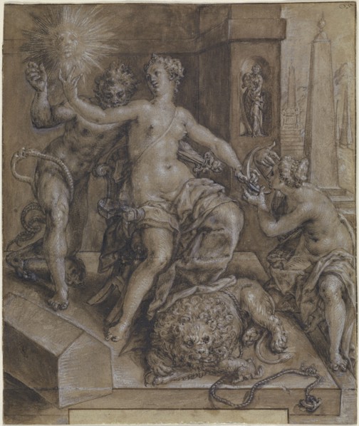 Design for the central section of The Mirror of Virtue; Cornelis Ketel, Dutch, 1548 - 1616, Netherlands; about 1594; Pen