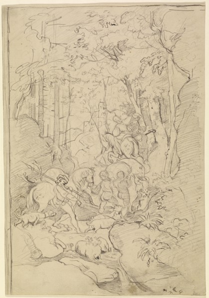 A Hunting Party; Franz Albert Venus, German, 1842 - 1871, Germany; about 1860 - 1866; Black ink and graphite, recto, graphite