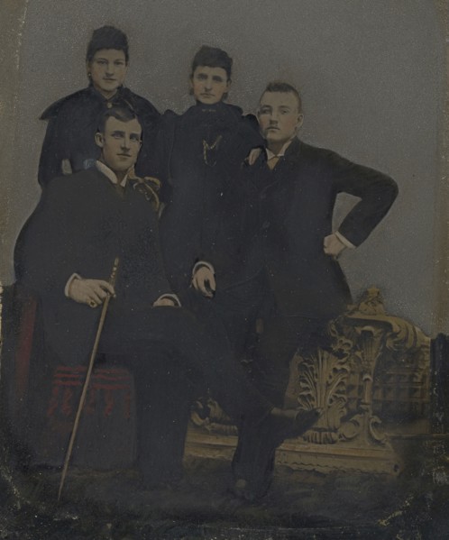 Portrait of two young men and two young women; United States; 1860s - 1880s; Hand-colored tintype; Sheet: 21.6 × 6.3 cm