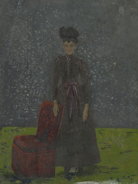Portrait of woman and chair; United States; 1860s - 1880s; Hand-colored tintype; Sheet: 25.5 x 19.6 cm, 10 1,16 x 7 11,16 in