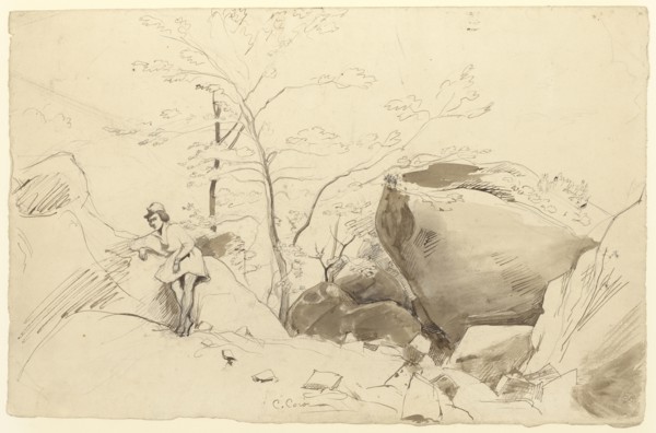 Fontainebleau, Figure Leaning Against a Rock; Jean-Baptiste-Camille Corot, French, 1796 - 1875, France; about 1830 - 1835; Pen