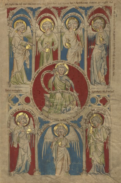 Saint John the Evangelist surrounded by Seven Angels; or Cologne, Germany; about 1340 - 1350; Tempera colors, gold leaf, and ink