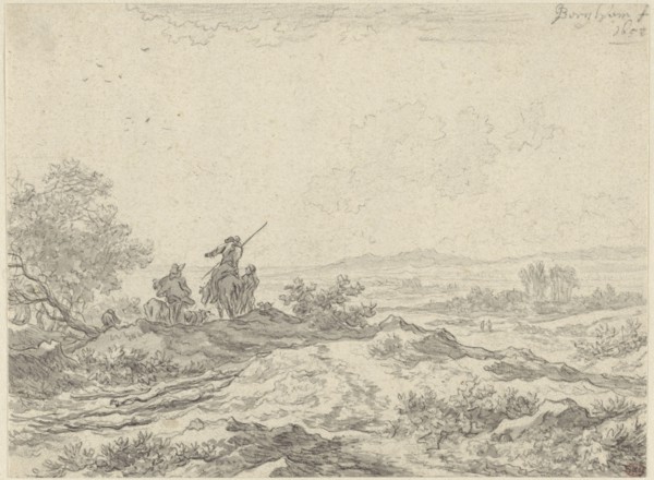 Dune Landscape with Shepherds; Nicolaes Berchem, Dutch, 1620 - 1683, The Netherlands; 1652; Black chalk and grey wash; 14.1