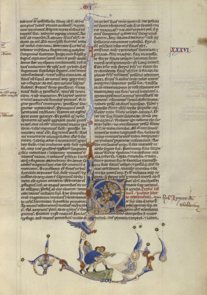 Initial H: Moses Striking Water from the Rock and Israelites Drawing Water; Bologna, Italy; about 1250 - 1262; Tempera and gold