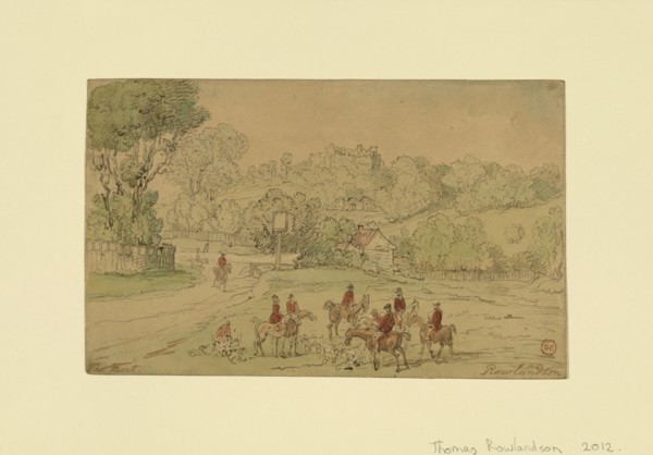 Landscape with Hunting Scene; Thomas Rowlandson, British, 1757 - 1827, England; 1780s; Brown ink, watercolor and black chalk