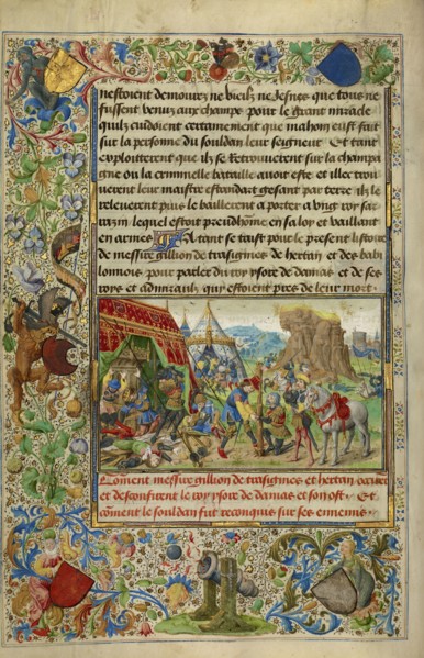 Gillion Slaying King Ysore and Freeing the Sultan; Lieven van Lathem, Flemish, about 1430 - 1493, David Aubert Flemish, active