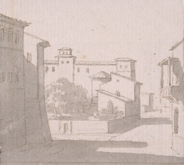 Street view in town, Dessins, Castellan, A. L., Antoine Laurent, 1772-1838, Pencil, ink and wash on paper, 1797-1799