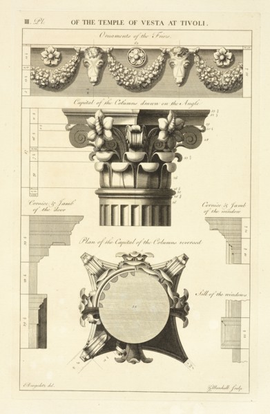Ornaments of the frieze; Capital of the columns drawn on the angle; Plan of the capital of the columns reversed; Cornice