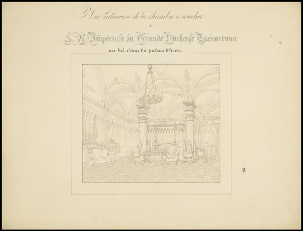 Vue intérieure de la chambre à coucher, Atlas des plans du Palais d'Hiver de sa Majesté Impériale, ca.1847-1855, Ink on paper