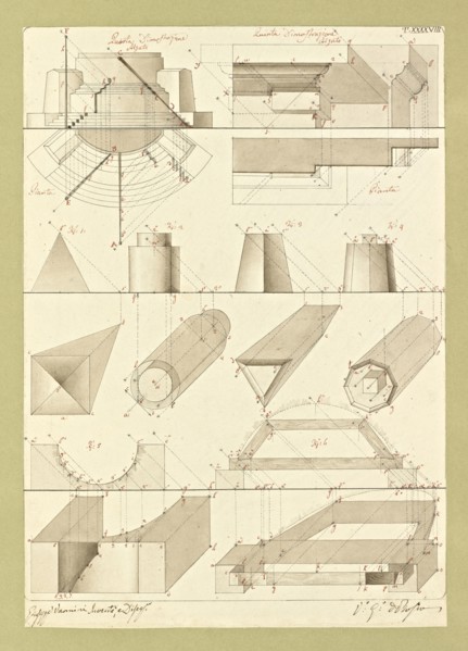 Autografi delle tavole della prima edizione dell' opera, degli Elementi della architettura civile, Vannini, Giuseppe, pen