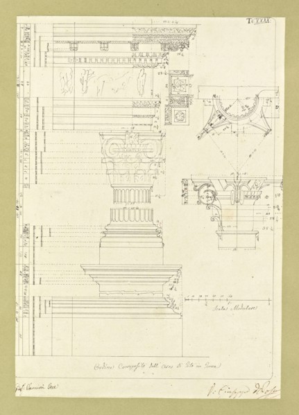 Autografi delle tavole della prima edizione dell' opera, degli Elementi della architettura civile, Vannini, Giuseppe, pen
