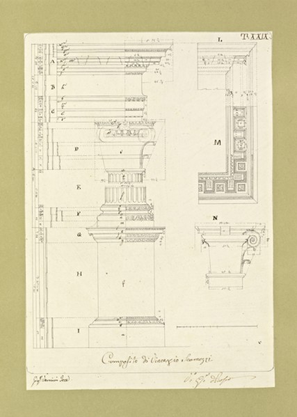Autografi delle tavole della prima edizione dell' opera, degli Elementi della architettura civile, Vannini, Giuseppe, pen