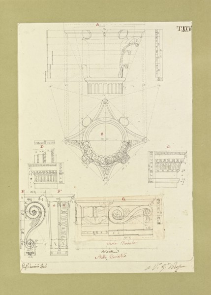 Autografi delle tavole della prima edizione dell' opera, degli Elementi della architettura civile, Vannini, Giuseppe, pen