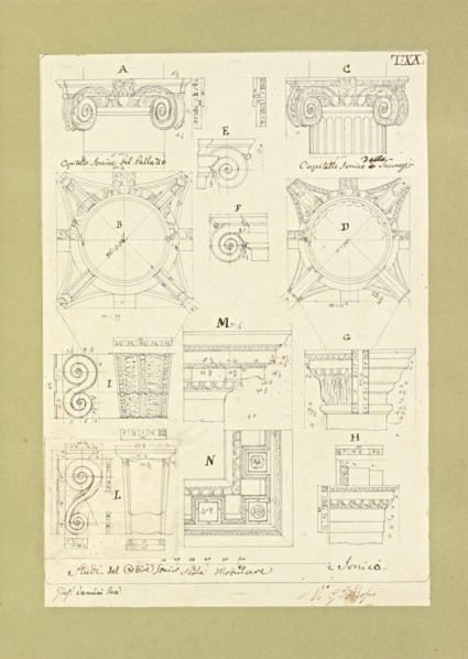 Autografi delle tavole della prima edizione dell' opera, degli Elementi della architettura civile, Vannini, Giuseppe, pen