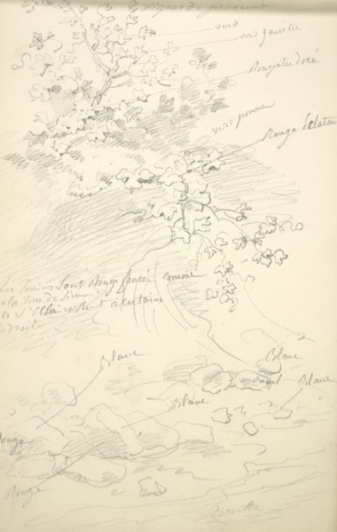 Sketchbook Carle Vernet, 1758-1836, pencil, ink, watercolor, studies of hunt scenes, horses, figures, and notes about the colors