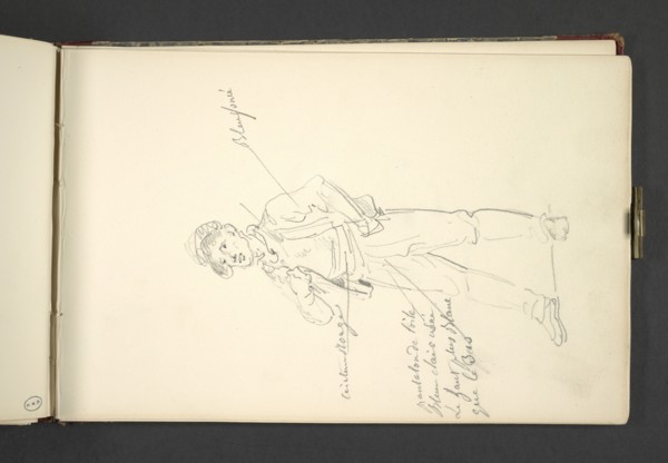 Sketchbook Carle Vernet, 1758-1836, pencil, ink, watercolor, studies of hunt scenes, horses, figures, and notes about the colors