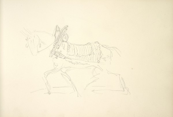 Sketchbook Carle Vernet, 1758-1836, pencil, ink, watercolor, studies of hunt scenes, horses, figures, and notes about the colors