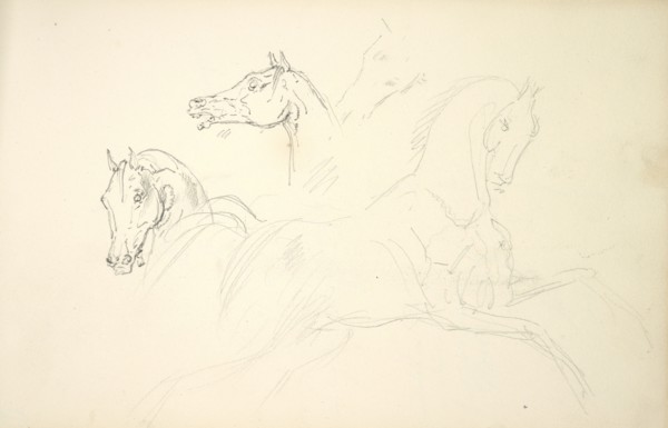 Sketchbook Carle Vernet, 1758-1836, pencil, ink, watercolor, studies of hunt scenes, horses, figures, and notes about the colors