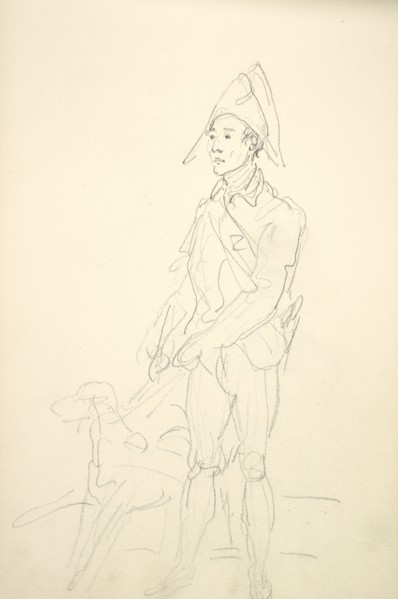 Sketchbook Carle Vernet, 1758-1836, pencil, ink, watercolor, studies of hunt scenes, horses, figures, and notes about the colors