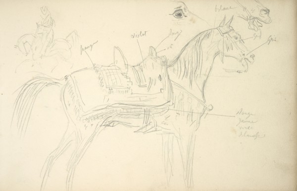 Sketchbook Carle Vernet, 1758-1836, pencil, ink, watercolor, studies of hunt scenes, horses, figures, and notes about the colors