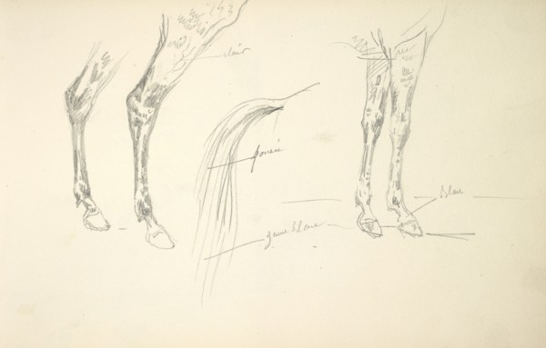 Sketchbook Carle Vernet, 1758-1836, pencil, ink, watercolor, studies of hunt scenes, horses, figures, and notes about the colors