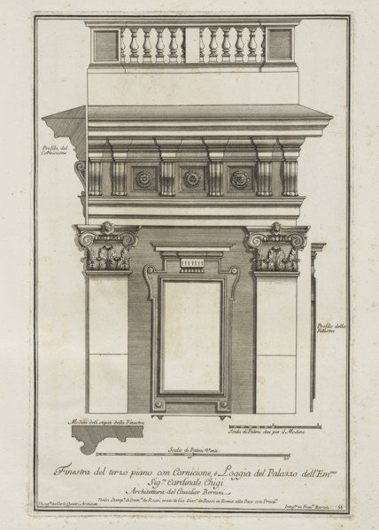 Finestra del terzo piano con cornicione e loggia del palazzo dell'Emmo. Sigre. Cardinale Chigi, Stvdio d'architettvra civile
