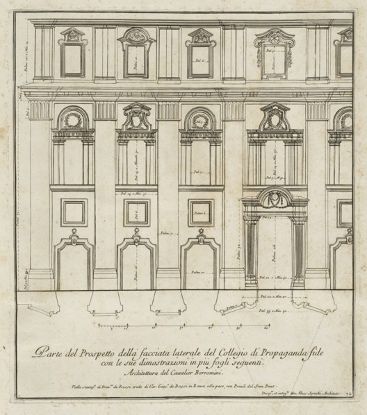 Parte del prospetto della facciata laterale del Collegio di Propaganda fide, Stvdio d'architettvra civile sopra gli ornamenti