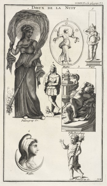 Dieux de la nuit, L'antiquité expliquée et représentée en figures, Montfaucon, Bernard de, 1655-1741, Engraving, 1719. Plate no