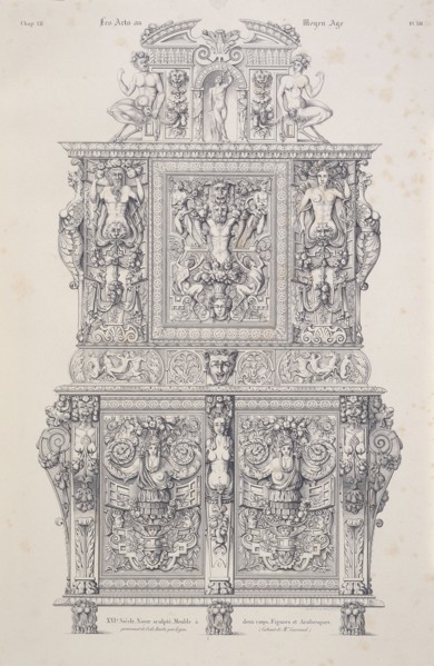 XVIe. siècle: noyer sculpté, meuble à deux corps, figures et arabesques, Les arts au Moyen Age: en ce qui concerne