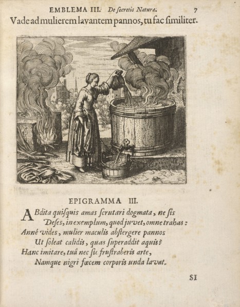 Emblema III: Vade ad mulierem lavantem pannos, tu fac similiter. Michaelis Majeri, Secretioris naturae secretorum scrutinium