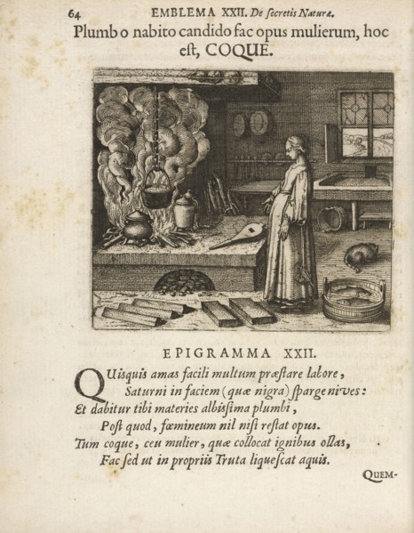 Emblema XXII: Plumb o nabito candido fac opus mulierum, hoc est, COQUE. Michaelis Majeri, Secretioris naturae secretorum
