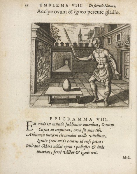 Emblema VIII: Accipe ovum and igneo percute gladio. Michaelis Majeri, Secretioris naturae secretorum scrutinium chymicum