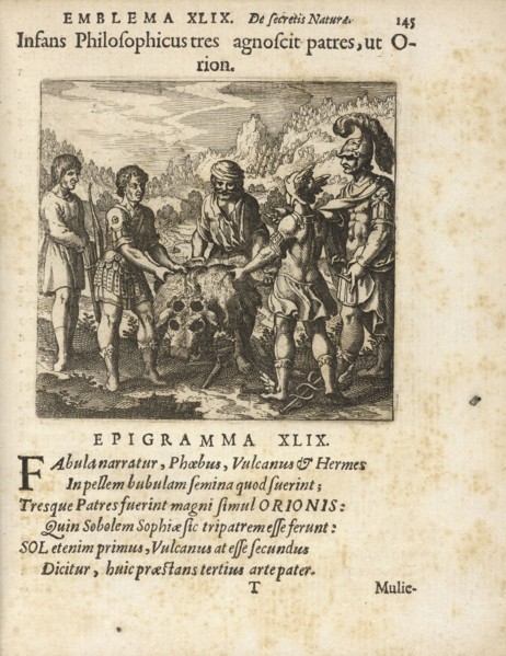 Emblema XLIX: Infans Philosophicus tres agnoscit patres, ut Orion. Michaelis Majeri, Secretioris naturae secretorum scrutinium