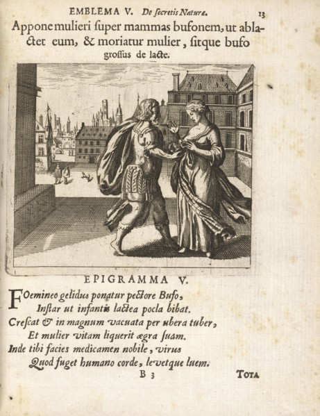 Emblema V: Appone mulieri super mammas bufonem, ut ablactet eum, and moriatur mulier, sitque bufo grossus de lacte., Michaelis