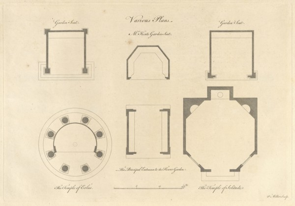 Various Plans, Plans, elevations, sections, and perspective views of the gardens and buildings at Kew, in Surry, Chambers