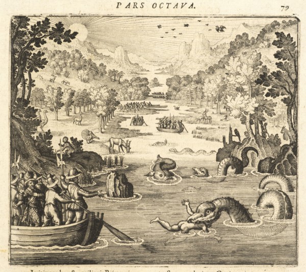 Capitain Gifford travelling in a canoe on the river of Lagartos witnessing a man being devoured by a serpen, Americae pars VIII