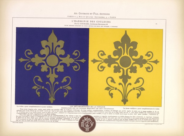 Complimentary colors purple and yellow, L'harmonie des couleurs, Guichard, Édouard, b. 1815, Chromolithograph, 1880, Plate