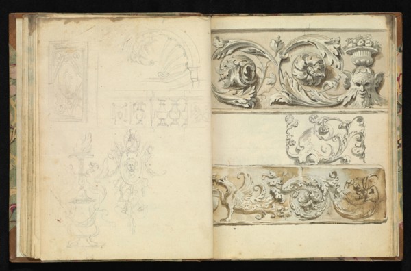 Sketchbook of ornamental and decorative designs, 18th century, pencil, pen, and wash drawings, Late 18th century, The sketchbook