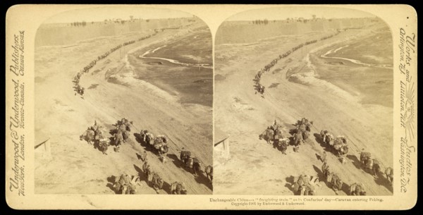 Unchangeable China, a 'freighting train' as in Confucius' day, caravan entering Peking, Underwood and Underwood, Gelatin silver