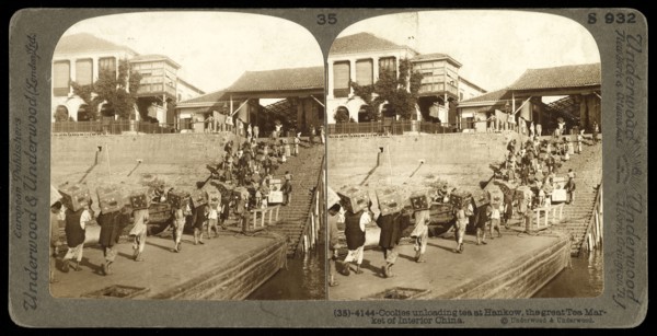 Coolies unloading tea at Hankow, the great tea market of interior China, Underwood and Underwood, Gelatin silver, ca. 1900