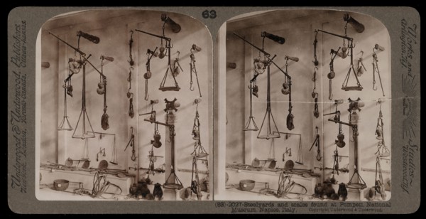 Steelyards and scales found at Pompeii, Stereographic views of Italy, Underwood and Underwood, Underwood, Bert, 1862-1943