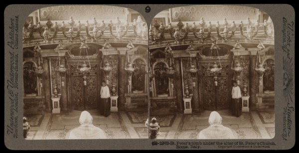 St. Peter's tomb under the altar of St. Peter's church, Stereographic views of Italy, Underwood and Underwood, Underwood, Bert