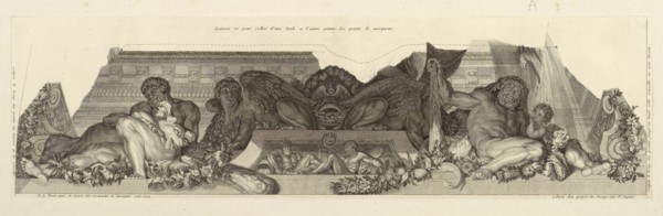 Relief surmounted by sphinxes and flanked by figures of Hercules with Cerberus and an apple of the Hesperides, Apotheosis
